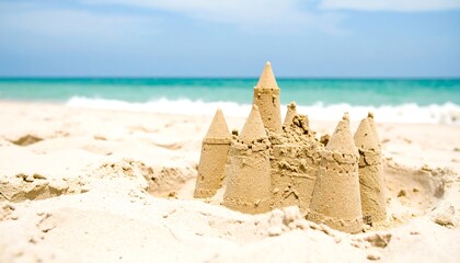 A child's sandcastle on a beach