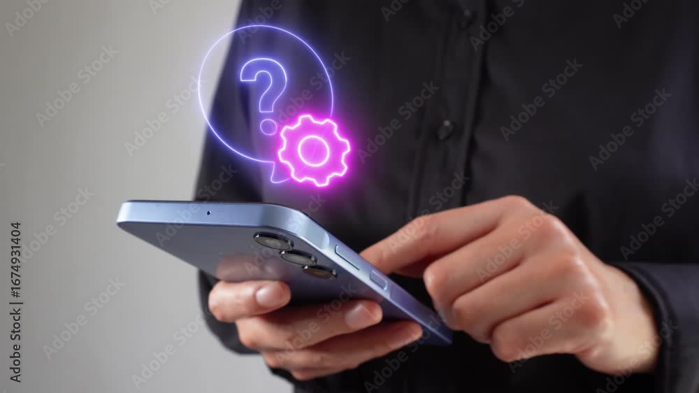 Poster technical support to resolve questions. a person interacting with a smartphone and a virtual icon of