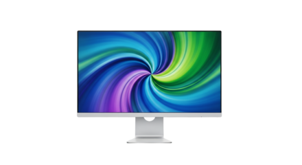 Immersive experience: Sleek computer monitor displaying vibrant swirling gradients against a minimalist white backdrop portraying technological