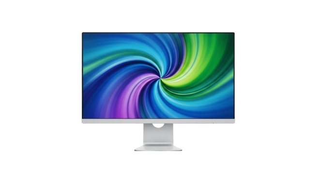 Immersive experience: Sleek computer monitor displaying vibrant swirling gradients against a minimalist white backdrop portraying technological