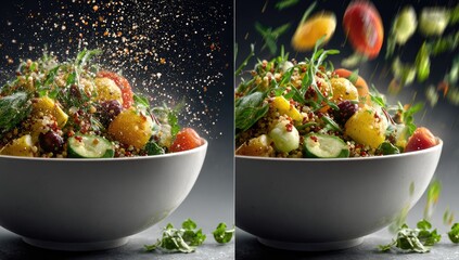 Two images of a vibrant, colorful quinoa salad, one showing a sprinkle of seasoning, the other showing ingredients flying in the air. Bowl of salad with vegetables, herbs, and grains