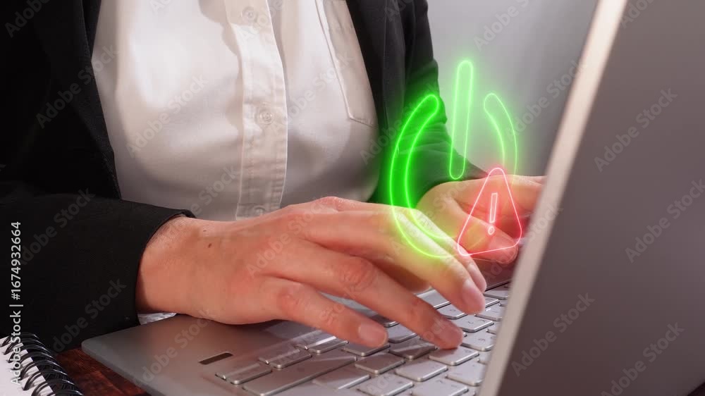 Aufkleber warning at system startup. visual detail of an executive using her laptop in the office, with a virt