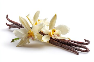 Vanilla orchid pods and blossoms against white
