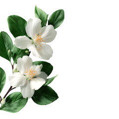 Obraz premium Two white mock jasmine flowers with green leaves isolated on transparent background.