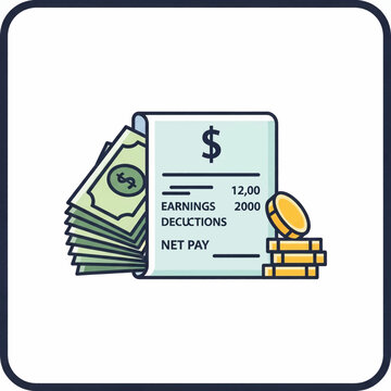 Financial illustration showing a pay slip with earnings and deductions, accompanied by stacks of banknotes and gold coins.