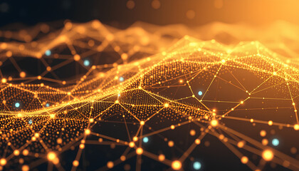 AI digital landscape with gold shimmer particles forming network lines, data streams and futuristic interface elements 2