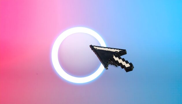 Pixelated Cursor Clicking Glowing Circular Button Over Soft Gradient Background Conversion Concept