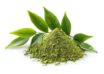 Fresh green tea powder, pile with leaves
