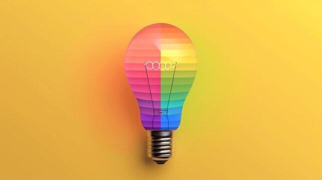 Light bulb with rainbow spectrum, International Day of Light May 16, futuristic flat design isolated on pastel yellow background