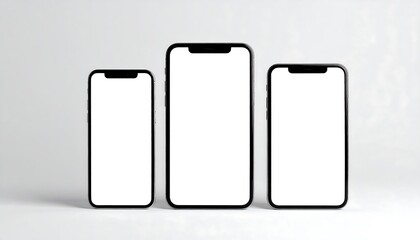 Three Smartphones with Blank Screens on White Background Reflecting Modern Digital Technology