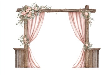 Rustic wooden archway adorned with blush pink drapes and floral accents