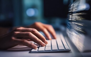 Programmer developing software on computer keyboard with source code displayed on monitor at night