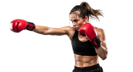 Determined female boxer throwing a powerful punch in a high-energy isolated studio shot emphasizing dedication and athletic prowess featuring