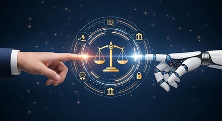Human and AI collaboration for legal tech solutions, modern justice, and digital law integration concept