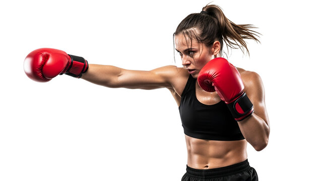 Determined female boxer throwing a powerful punch in a high-energy isolated studio shot emphasizing dedication and athletic prowess featuring