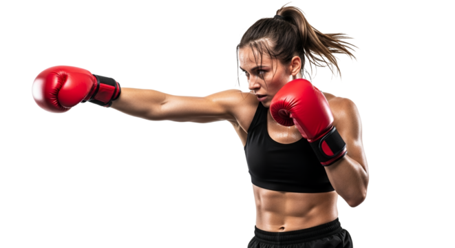Determined female boxer throwing a powerful punch in a high-energy isolated studio shot emphasizing dedication and athletic prowess featuring