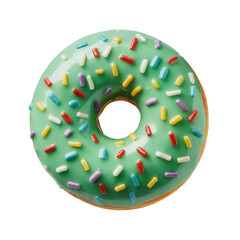 Green frosted donut with colorful sprinkles, isolated on transparent background
