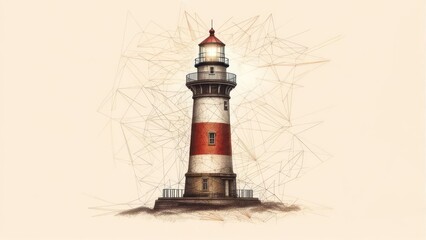 Artistic Lighthouse Illustration with Geometric Lines and Warm Tones.