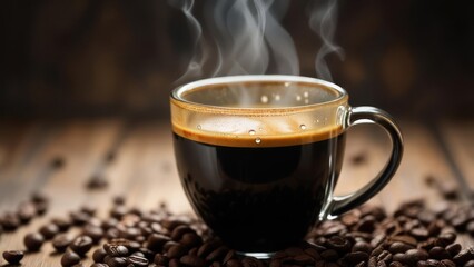 Warm, Steaming Glass Cup of Espresso with Golden Crema Amidst Roasted Coffee Beans