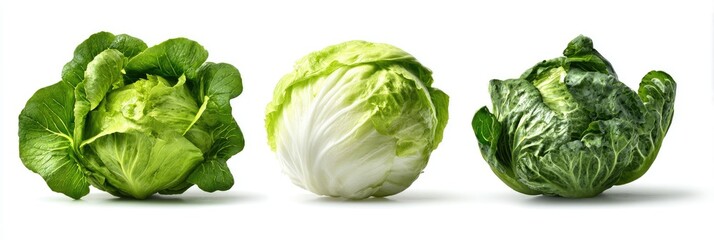 Three heads of green leafy vegetables, likely cabbage varieties, displayed against a white background