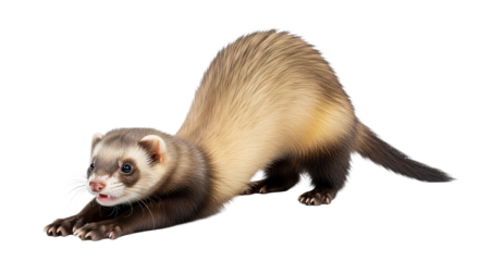 Playful ferret stretching on a plain backdrop displaying its flexible body posture, a charming indoor pet captured during its active moment