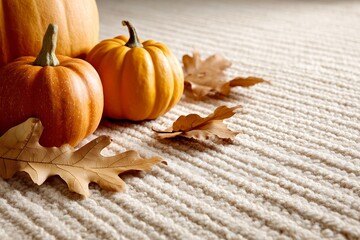Three pumpkins and autumn leaves on a textured carpet, embodying the fall season.