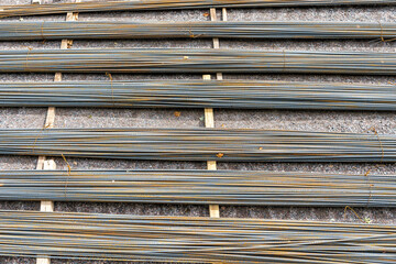 Abstract image of steel rebars for reinforcement concrete on a construction site.
