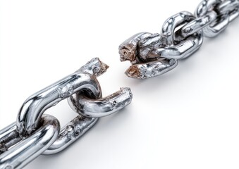 Broken metal chain link against white background