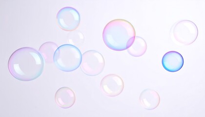 Translucent Soap Bubbles Floating Against Pale Gradient Background with Iridescent Reflections