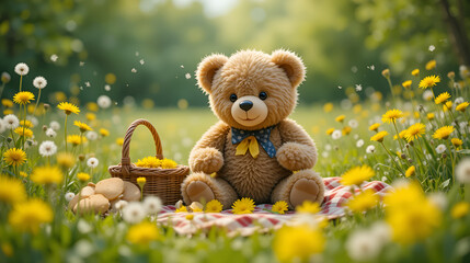 Teddy Bear's Picnic in summer with bright yellow dandelions in lush green meadow.  Concept: happy childhood memories