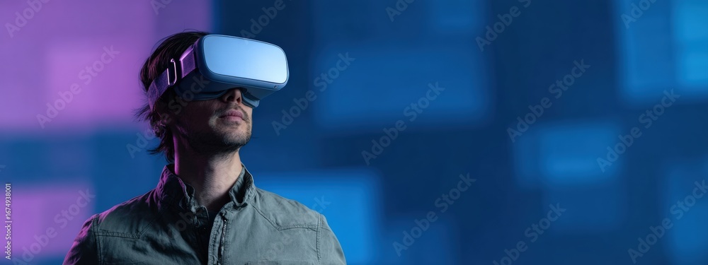 Poster programmer wearing virtual reality headset exploring metaverse, innovative technology and immersive 
