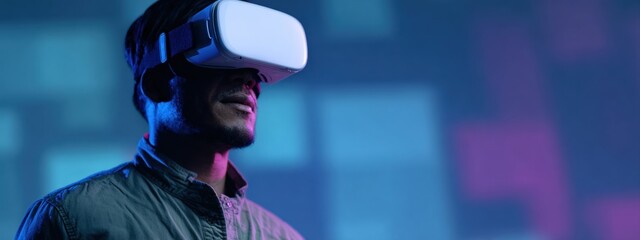 Young man wearing vr headset is exploring virtual reality and experiencing metaverse in futuristic illuminated setting