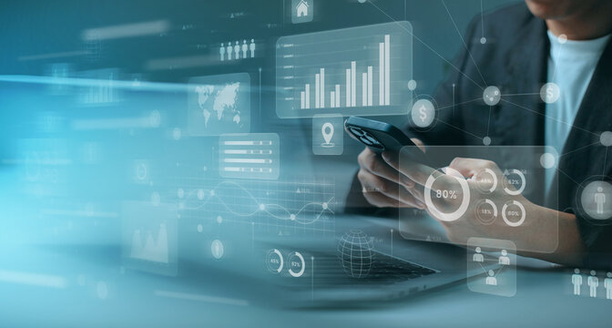 business intelligence and big data analysis technology with chart and graph icons on a digital screen interface. Innovation in statistics and analytics. Insights and predictions.