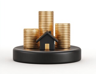 Gold coins stacked as towers, a black house icon rests on a black circular base