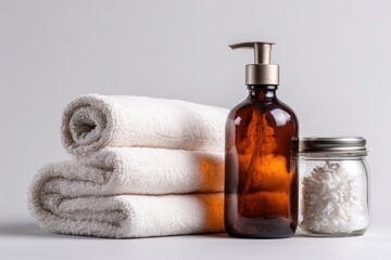 Rolled white towels, a brown glass pump bottle, and a jar of white cloths
