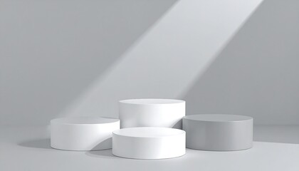 Minimalist Cylindrical Podiums in a Neutral Studio Setting with Gradient Wall and Dramatic Shadow