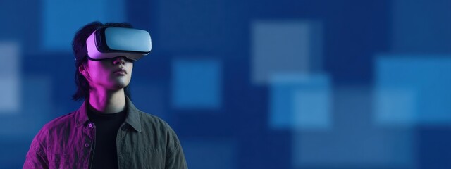 Young man wearing vr headset experiencing virtual reality in futuristic neon metaverse environment
