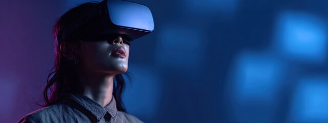 Businesswoman wearing vr headset is exploring metaverse in futuristic immersive digital environment