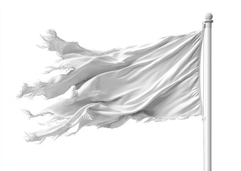A white flag billows in a strong wind, tattered and torn