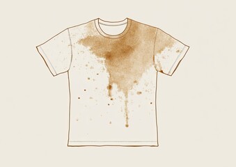 A simple graphic of a stained t-shirt.  A light beige t-shirt, short-sleeved, has a large, uneven, light brown stain across the front. The stain looks like liquid drippings and splatters