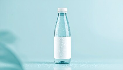 Clear PET Bottle Mockup With Water Droplets and Blank Label on a Light Blue Background