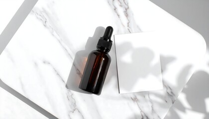 Amber Glass Dropper Bottle Mockup on Marble Slab with Blank White Label and Soft Daylight from Above