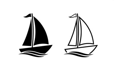 Set of simple vector sailboat icons, perfect for nautical and maritime design, offering versatile graphic elements in both filled and outline styles with ocean wave details