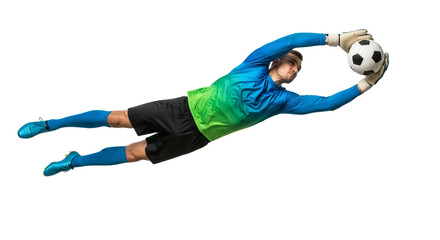Goalkeeper's Dynamic Save: Mid-Air Catch on White Backdrop, demonstrating athletic prowess in a single striking moment against a pristine background