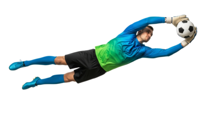 Goalkeeper's Dynamic Save: Mid-Air Catch on White Backdrop, demonstrating athletic prowess in a single striking moment against a pristine background