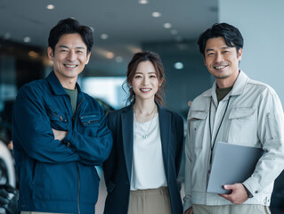 スーツと作業着のビジネスパーソンが協力するチーム