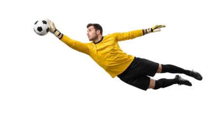 Dynamic Goalkeeper Action: A Soccer Goalie's Mid-Air Save on a White Background Depicting Athleticism and Skill