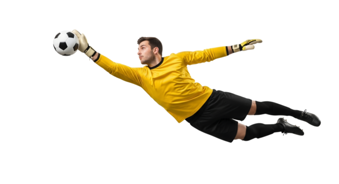 Dynamic Goalkeeper Action: A Soccer Goalie's Mid-Air Save on a White Background Depicting Athleticism and Skill