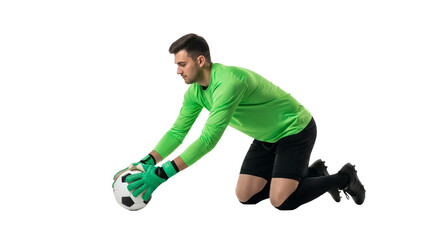 Goalkeeper securing soccer ball demonstrating control and preparedness on clear white backdrop capturing the intensity of the athlete in a defining