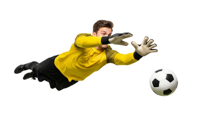 Dynamic save attempt showcasing soccer goalie in action against a white background in dramatic action  a high-energy shot emphasizing skill and